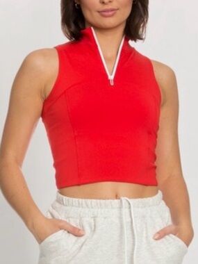 Goldhinge Sleeveless Red Zip-Front Crop Top with Mock Neck Size S